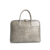 Slim grey leather briefcase for women with top handles, fits 14-inch laptop, office bag style