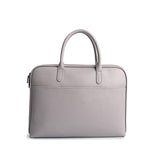 Slim grey leather laptop briefcase for women with top handles, front pocket, minimalist design