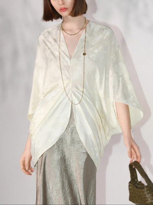 Luxe Women's Asymmetrical Jacquard Knit Top, Silky and Soft Batwing Sleeve Draped Loose Fit Top