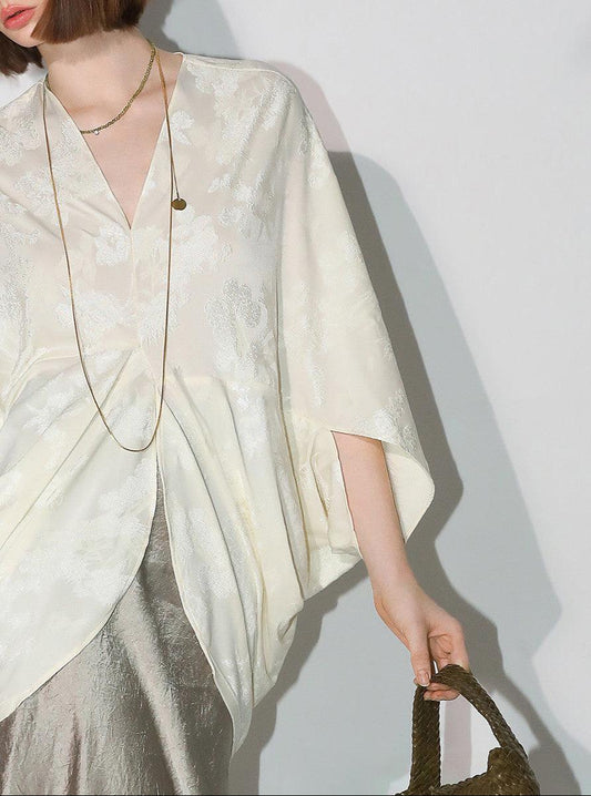 Luxe Women's Asymmetrical Jacquard Knit Top, Silky and Soft Batwing Sleeve Draped Loose Fit Top