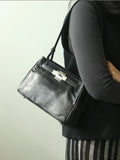 Luxury Black Leather Tote Bag, Handmade Togo and Lambskin Leather Shoulder Bag and Crossbody Square Bag