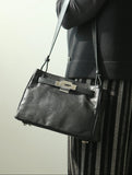 Luxury Black Leather Tote Bag, Handmade Togo and Lambskin Leather Shoulder Bag and Crossbody Square Bag