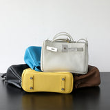 Luxury Black Leather Tote Bag, Handmade Togo and Lambskin Leather Shoulder Bag and Crossbody Square Bag
