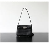 Luxury Black Leather Tote Bag, Handmade Togo and Lambskin Leather Shoulder Bag and Crossbody Square Bag