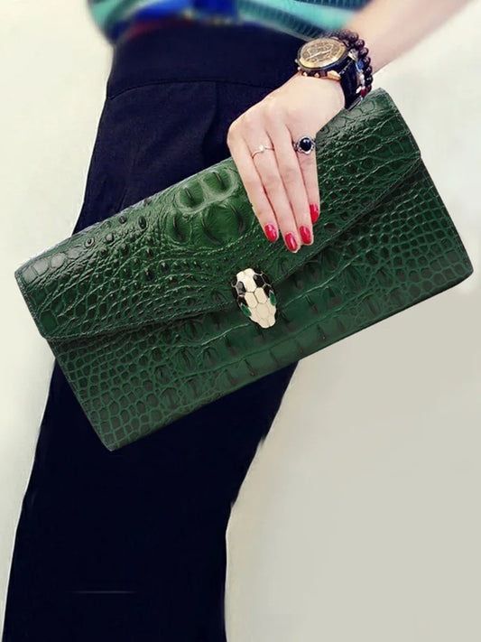 Luxury Cowhide Leather Crocodile-Embossed Clutch, Elegant Genuine Leather Evening Bag for Women