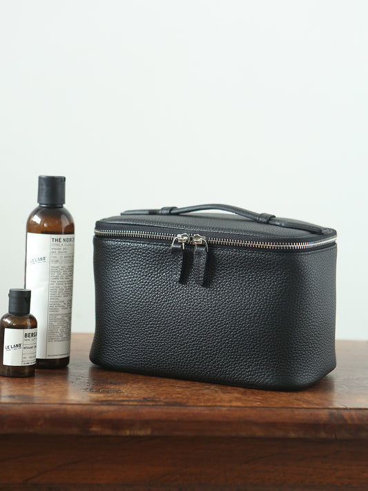 Luxury Full Grain Leather Cosmetic Purse with Mirror | Makeup Organizer & Travel Cosmetic Bag with Handle | Toiletry Case for Women & Men