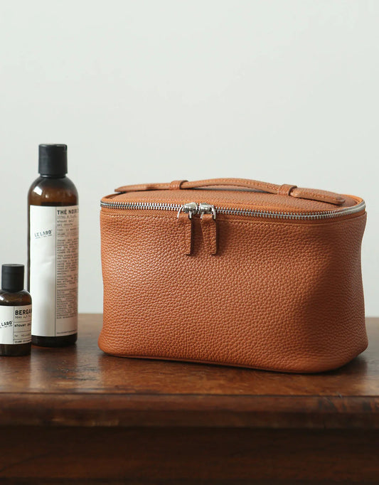 Luxury Full Grain Leather Cosmetic Purse with Mirror | Makeup Organizer & Travel Cosmetic Bag with Handle | Leather Toiletry Bag for Women & Men