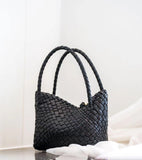 Luxury Handwoven Lambskin Leather Shoulder Bucket Bag with Sculptural Gold Sphere Closure and Double Handle Design – Spacious & Versatile Carryall