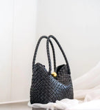 Luxury Handwoven Lambskin Leather Shoulder Bucket Bag with Sculptural Gold Sphere Closure and Double Handle Design – Spacious & Versatile Carryall