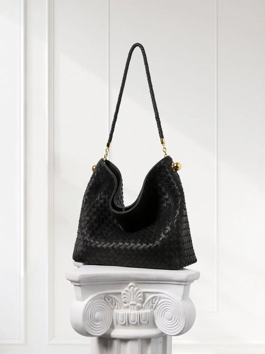 Luxury Lambskin Woven Leather Hobo Bag | Handcrafted Lightweight Soft Braided Shoulder Purse with Gold Hardware