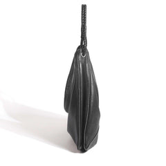 Luxury Large Black Lambskin Leather Shoulder Bag with Braided Handle and Chain Detail - Elegant and Spacious Working Tote Luxury Large Black Lambskin Leather Shoulder Bag with Braided Handle and Chain Detail - Elegant and Spacious Working Tote
