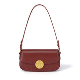 Luxury Leather Crossbody Box Bag with Elegant Circular Emblem, Fashion Leather Shoulder Bag