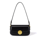 Luxury Leather Crossbody Box Bag with Elegant Circular Emblem, Fashion Leather Shoulder Bag