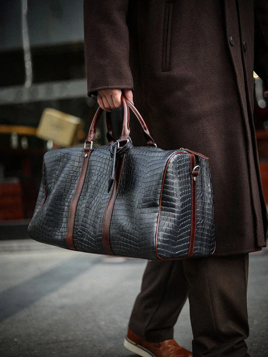 Luxury Men’s Italian Full Grain Leather Duffle Bag, Handmade Premium Crocodile Pattern Weekender Bag for Travel & Business