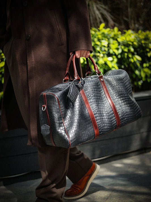 Luxury Men’s Italian Full Grain Leather Duffle Bag, Handmade Premium Crocodile Pattern Weekender Bag for Travel & Business