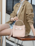 Luxury Pebbled Cowhide Leather Bucket Bag, Designer Crossbody with Twist Lock