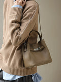 Luxury Pebbled Cowhide Leather Bucket Bag, Designer Crossbody with Twist Lock