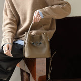 Luxury Pebbled Cowhide Leather Bucket Bag, Designer Crossbody with Twist Lock