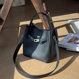 Luxury Pebbled Cowhide Leather Bucket Bag, Designer Crossbody with Twist Lock
