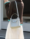 Luxury Pebbled Cowhide Leather Bucket Bag, Designer Crossbody with Twist Lock