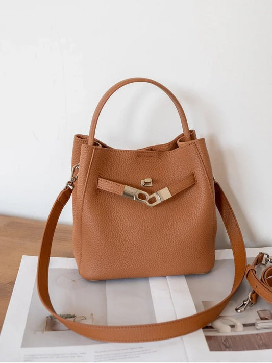 Luxury Pebbled Cowhide Leather Bucket Bag, Designer Crossbody with Twist Lock