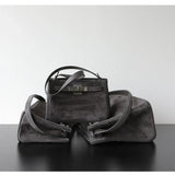 Luxury Vintage Brown Suede Bag, Handmade Lambskin Suede Shoulder & Crossbody Small Square Bag