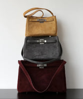 Luxury Vintage Brown Suede Bag, Handmade Lambskin Suede Shoulder & Crossbody Small Square Bag