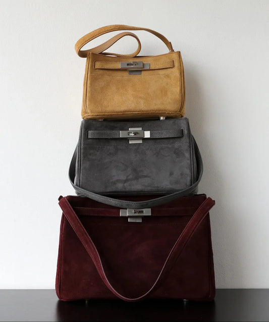 Luxury Vintage Brown Suede Bag, Handmade Lambskin Suede Shoulder & Crossbody Small Square Bag