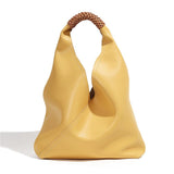 Minimalist yellow genuine leather bucket bag with brown woven handle, fashion tote for women