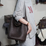 Handwoven Full Grain Leather Bucket Bag | Stylish Shoulder Bag for Women | Leather Beach Bag
