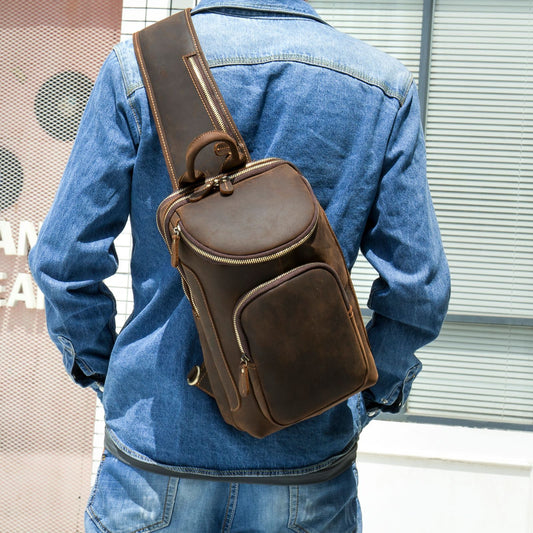 Men's Crazy Horse Leather Vintage Sling Bag — Handmade 3-Way Carry Chest / Shoulder / Backpack