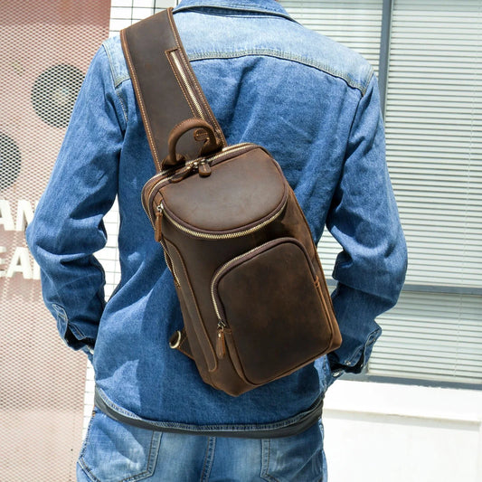 Men's Crazy Horse Leather Vintage Sling Bag — Handmade 3-Way Carry Chest / Shoulder / Backpack