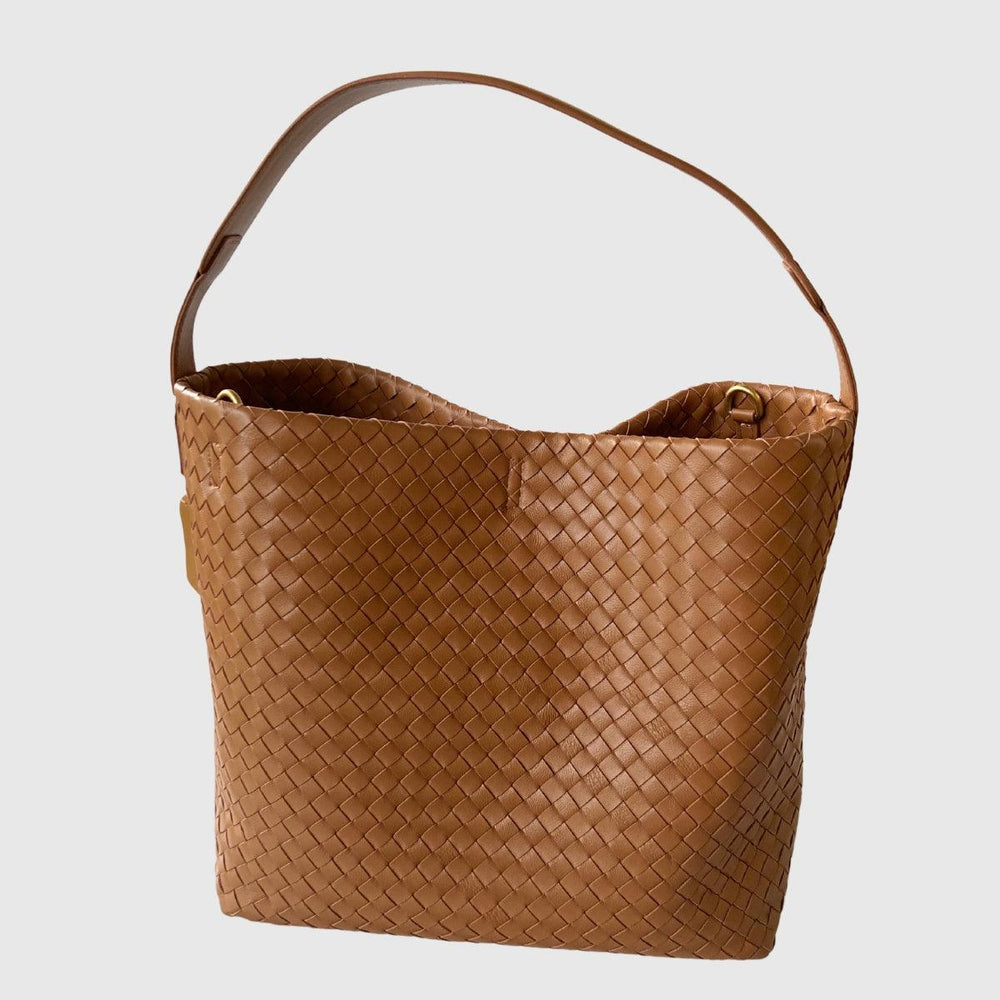 Medium brown woven lambskin leather tote bag with shoulder strap on white background