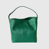 Green woven lambskin leather tote bag with single shoulder strap on white background