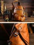 Men's Vintage Full-Grain Leather Sling Bag, Handmade Casual Large Crossbody Chest Pack, Convertible Backpack