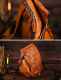 Men's Vintage Full-Grain Leather Sling Bag, Handmade Casual Large Crossbody Chest Pack, Convertible Backpack