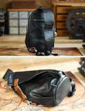 Men's Vintage Full-Grain Leather Sling Bag, Handmade Casual Large Crossbody Chest Pack, Convertible Backpack