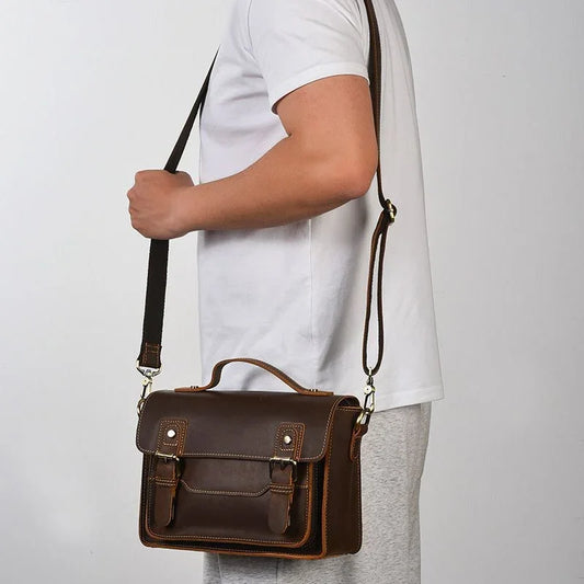 Men's Crazy Horse Leather Crossbody Bag | Vintage Full Grain Cowhide Satchel & Flap Bag