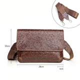 Men's Full Grain Leather Crossbody Bag, Handcrafted Embossed Floral Messenger Bag, Antique Leather Brown Purse