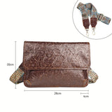 Men's Full Grain Leather Crossbody Bag, Handcrafted Embossed Floral Messenger Bag, Antique Leather Brown Purse