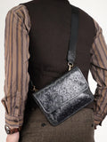 Men's Full Grain Leather Crossbody Bag, Handcrafted Embossed Floral Messenger Bag, Antique Leather Brown Purse