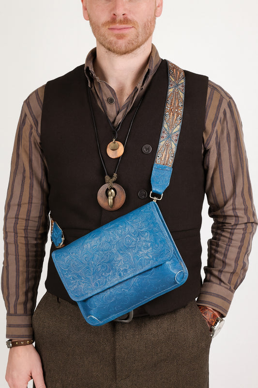 Men's Full Grain Leather Crossbody Bag, Handcrafted Embossed Floral Messenger Bag, Antique Leather Brown Purse