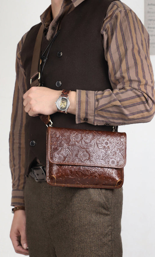 Men's Full Grain Leather Crossbody Bag, Handcrafted Embossed Floral Messenger Bag, Antique Leather Brown Purse