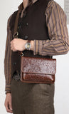 Men's Full Grain Leather Crossbody Bag, Handcrafted Embossed Floral Messenger Bag, Antique Leather Brown Purse