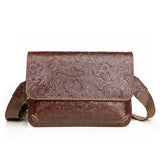 Men's Full Grain Leather Crossbody Bag, Handcrafted Embossed Floral Messenger Bag, Antique Leather Brown Purse