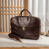 Men's Full Grain Leather Briefcase | Handmade Vintage Vegetable-Tanned Business Laptop Bag with trolley sleeve