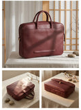 Men's Full Grain Leather Briefcase | Handmade Vintage Vegetable-Tanned Business Laptop Bag with trolley sleeve