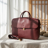 Men's Full Grain Leather Briefcase | Handmade Vintage Vegetable-Tanned Business Laptop Bag with trolley sleeve