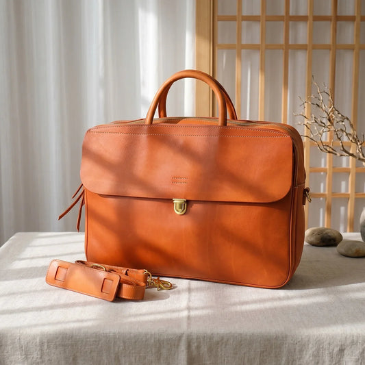 Men's Full Grain Leather Briefcase | Handmade Vintage Vegetable-Tanned Business Laptop Bag with trolley sleeve