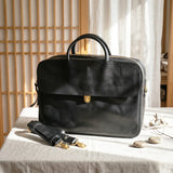 Men's Full Grain Leather Briefcase | Handmade Vintage Vegetable-Tanned Business Laptop Bag with trolley sleeve
